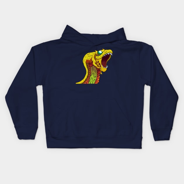 Yellow and red snake head with sharp fangs and sapphire green eye Kids Hoodie by CutePlanetEarth